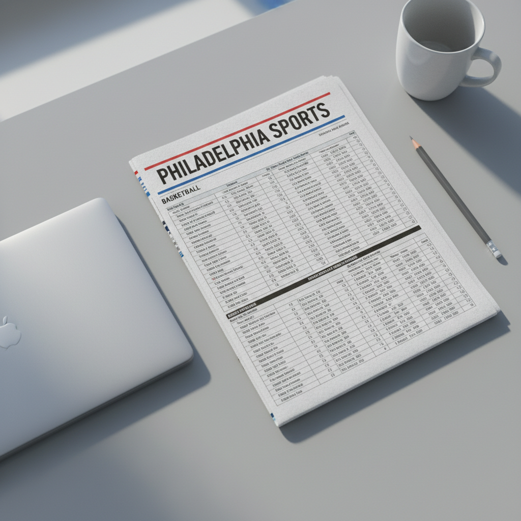 A tightly framed overhead shot of a pristine, full-color newspaper sports section laid flat on a smooth, light gray desk, the bold headline reading “Philadelphia Sports” above crisp box scores and stat tables. Surrounding the paper are neatly arranged neutral-toned elements: a sleek silver laptop closed to one side, a graphite mechanical pencil parallel to the page, and a minimalist white ceramic coffee mug with a soft sheen. Cool, diffused daylight from an unseen window washes across the scene, creating gentle shadows and subtle highlights on the paper’s texture. The composition is balanced and orderly, emphasizing clean lines and a corporate aesthetic, with photographic realism and a shallow depth of field keeping the focus on the headline and structured layout.